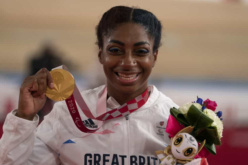 Handout photo dated 27/08/2021 provided by ParalympicsGB/imagecomms of Great Britain’s Kadeena Cox celebrates winning Gold in the Women’s C4-5 500m Time Trial at Izu Velodrome during day three of the Tokyo 2020 Paralympic Games in Japan. Picture date: Friday August 27, 2021.
