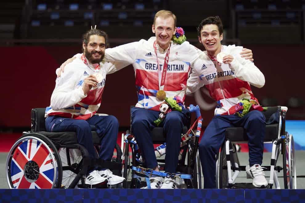 British fencers Dimitri Coutya, Piers Gilliver and Oliver Lam-Watson celebrate bronze (ParalympicsGB/imagecomms)
