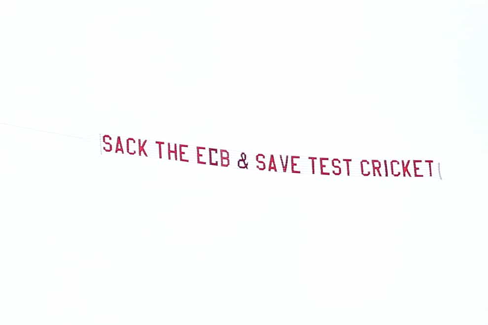 A plane with a banner reading ‘Sack The ECB & Save Test Cricket’ flies over ground during day three of the cinch Third Test match at the Emerald Headingley, Leeds. Picture date: Friday August 27, 2021.
