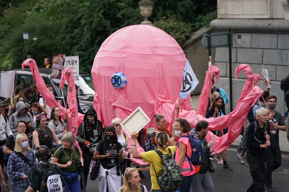 Members of Ocean Rebellion transport an octopus during a protest march in central London (Kirsty O’Connor/PA)