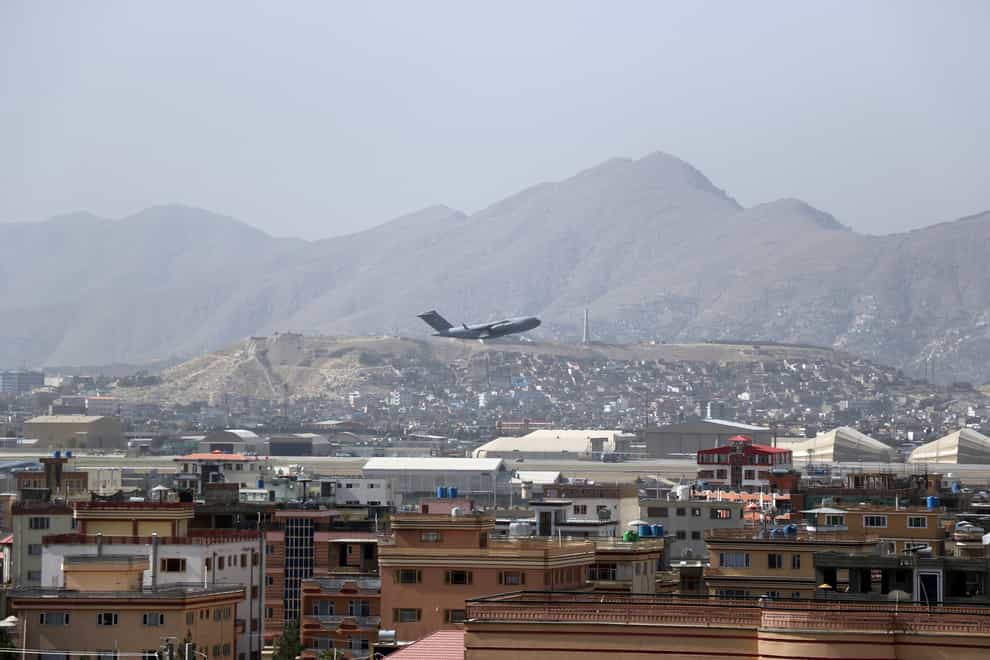 U.S military aircraft takes off at the Hamid Karzai International Airport in Kabul, Afghanistan, Saturday, Aug. 28, 2021. The massive U.S.-led airlift was winding down Saturday ahead of a U.S. deadline to withdraw from Afghanistan by Tuesday. Most allies have completed their own airlifts and flown out after 20 years of deployment in the country. (AP Photo/Wali Sabawoon)