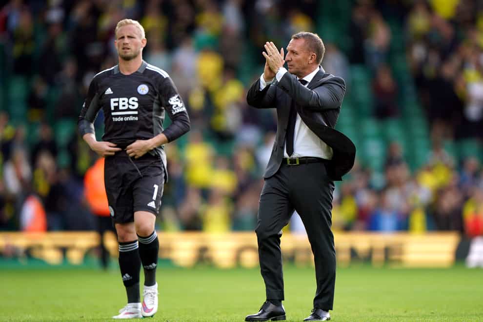 Brendan Rodgers applauds the Leicester fans at Norwich (Joe Giddens/PA)