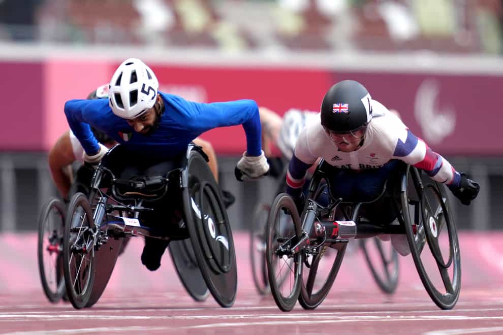 Great Britain’s Andrew Small (right) on his way to winning the men’s 100 metres – T33 Final on day six of the Tokyo 2020 Paralympic Games (John Walton/PA)