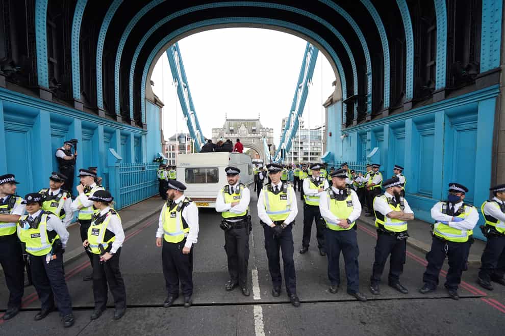 Police on Tower Bridge after members of Extinction Rebellion blocked the road (PA)