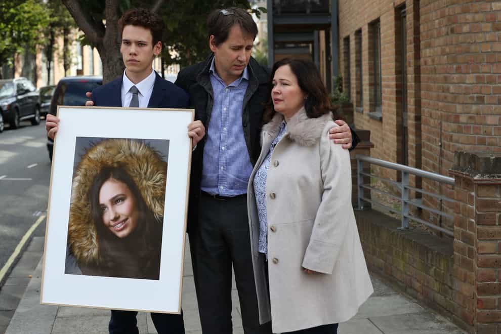 Nadim and Tanya Ednan-Laperouse, with their son Alex, outside West London Coroners Court, following the conclusion of the inquest into the death of Natasha Ednan-Laperouse (Jonathan Brady/PA)