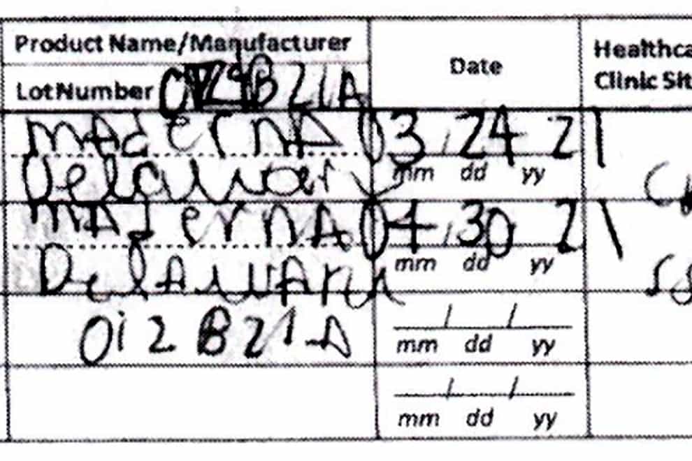This document provided by the Hawaii Attorney General’s Office shows a fake COVID-19 Vaccination Record Card from a tourist visiting Hawaii (Hawaii Attorney General’s Office/AP)