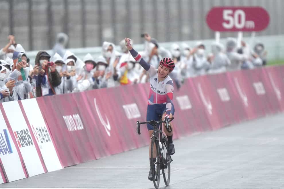 Great Britain’s Dame Sarah Storey celebrates winning the gold medal in the women’s C4-5 road race at the Fuji International Speedway during day nine of the Tokyo 2020 Paralympic Games in Japan (Tim Goode/PA)