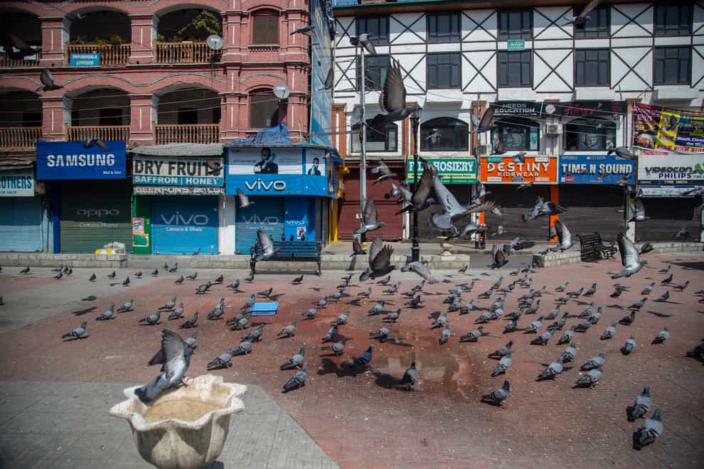 Pigeons fly in a deserted market area in Srinagar, Indian controlled Kashmir (Mukhtar Khan/AP)