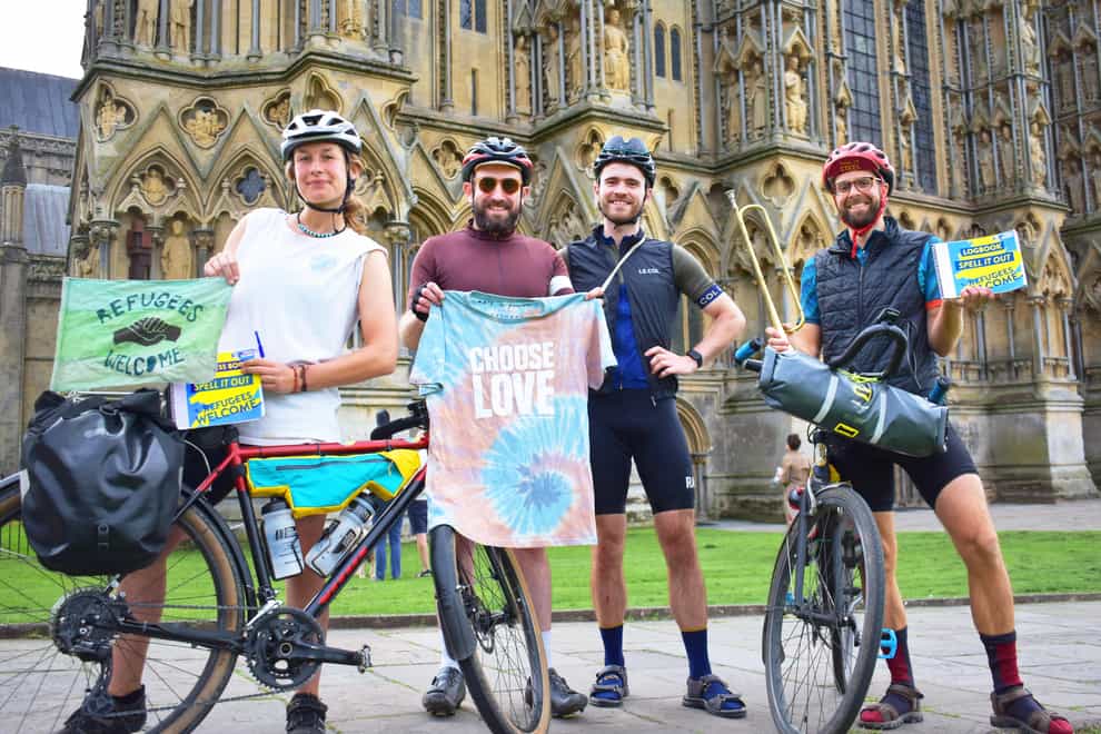 Cyclists (from left to right) Georgie Cottle, Ed Roberts-Graver, Mark Statham and David Charles outside Wells Cathedral (Dai Richards/David Charles/PA).