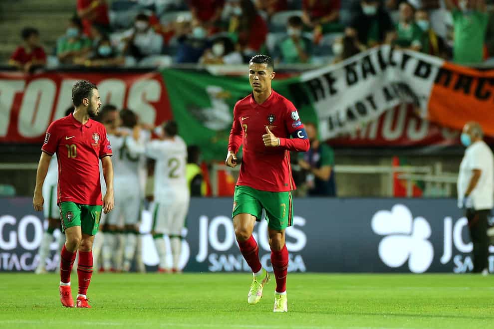 Portugal’s Cristiano Ronaldo reacts after Republic of Ireland’s John Egan scores their side’s first goal of the game during the 2022 FIFA World Cup Qualifying match at the Estadio Algarve, Portugal. Picture date: Wednesday September 1, 2021.