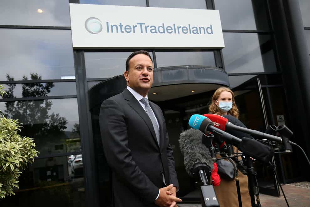 Tanaiste and Minister for Enterprise, Trade and Employment Leo Varadkar speaks to the media during a visit to InterTradeIreland’s offices in Newry (Brian Lawless/PA)