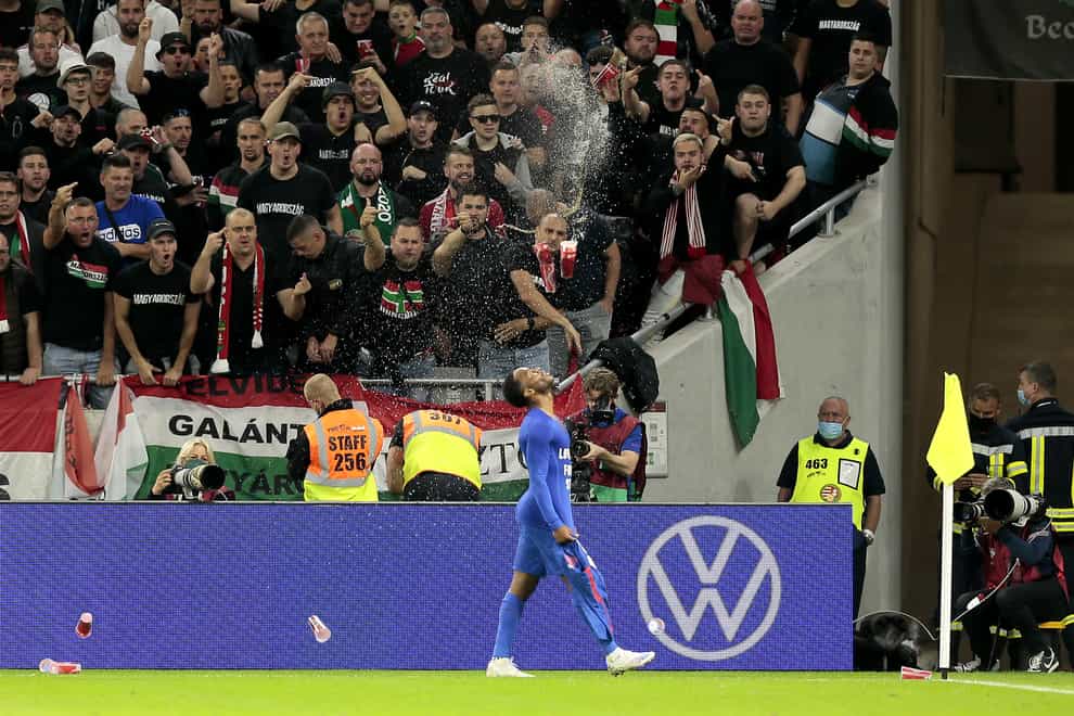 Supporters throw cups at Raheem Sterling after he scored England’s opening goal in Budapest (Attila Trenka/PA)