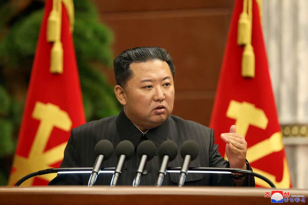 North Korean leader Kim Jong Un delivers a speech during a Politburo meeting in Pyongyang (Korean Central News Agency/Korea News Service via AP)