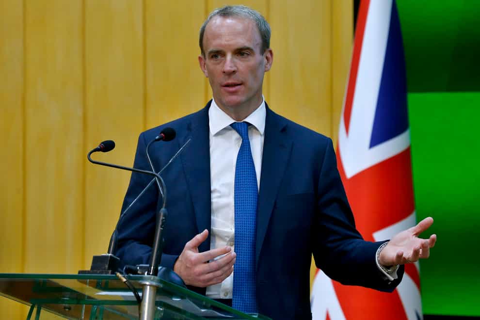 Foreign Secretary Dominic Raab speaks during a press conference with Pakistan’s foreign minister Shah Mahmood Qureshi after their meeting in Islamabad (Anjum Naveed/AP)