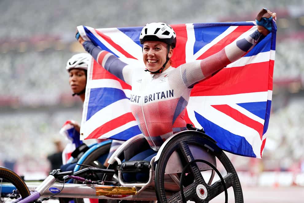 Great Britain’s Hannah Cockroft celebrates after winning the Women’s 800m T34 Final at the Olympic Stadium during day eleven of the Tokyo 2020 Paralympic Games (John Walton/PA)