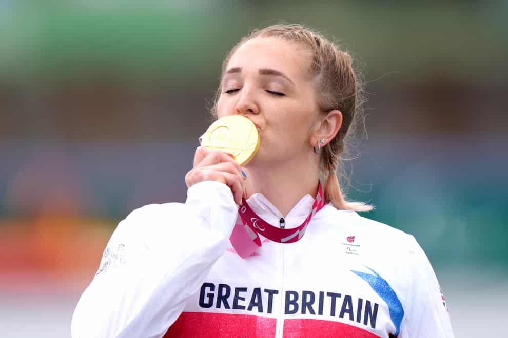 Great Britain’s Charlotte Henshaw celebrates with her first Paralympic gold medal (Tim Goode/PA)