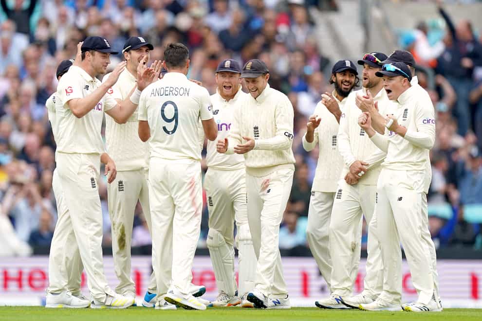 England’s James Anderson (third left) celebrates the wicket of KL Rahul (Adam Davy/PA).