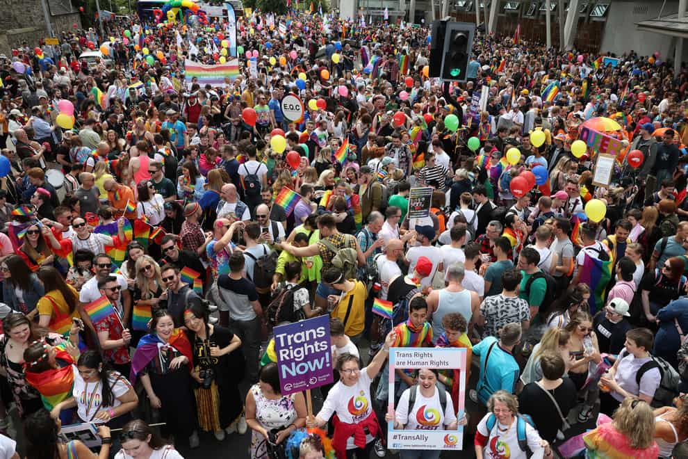 Pride marchers at a previous rally outside the Scottish Parliament in Edinburgh (Andrew Milligan/PA)