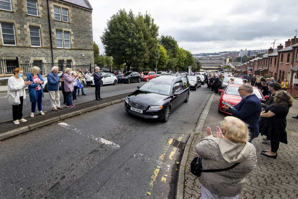 The funeral cortege leaves St Eugene’s Cathedral in Londonderry (Liam McBurney/PA)