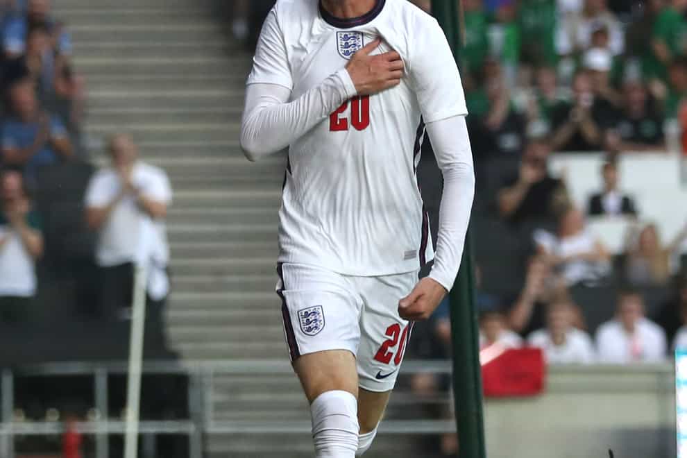 Cole Palmer celebrates putting England Under-21s two goals up (Bradley Collyer/PA).