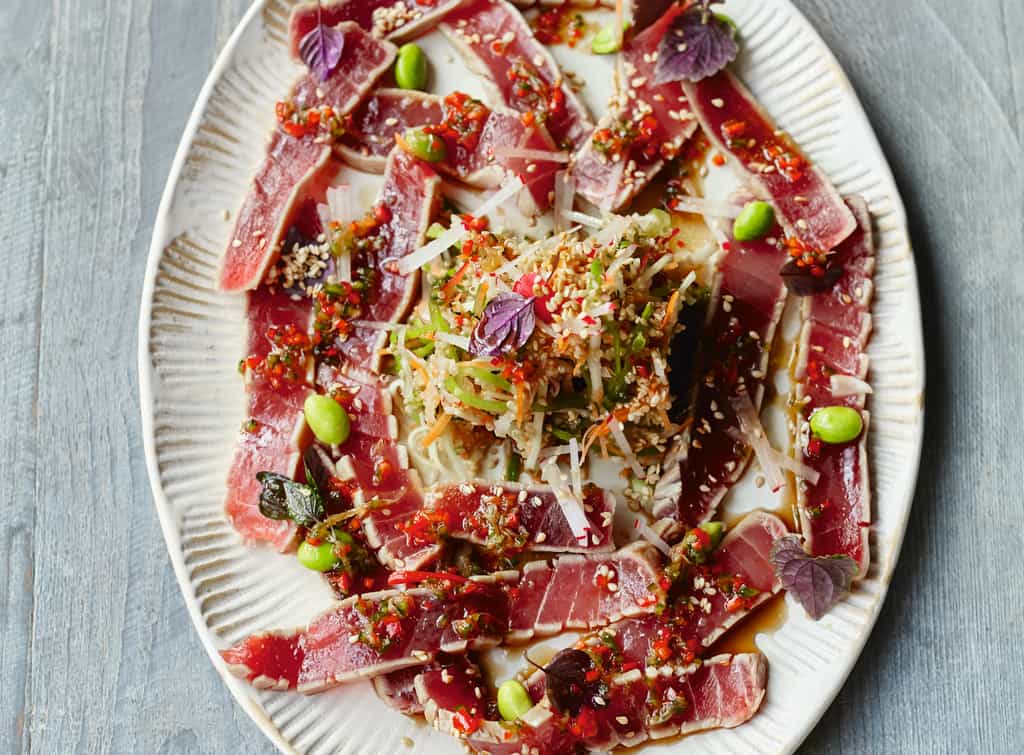 Jamie Oliver's elegant tuna carpaccio, miso veg, chilli and lime dressing  and sesame | NewsChain