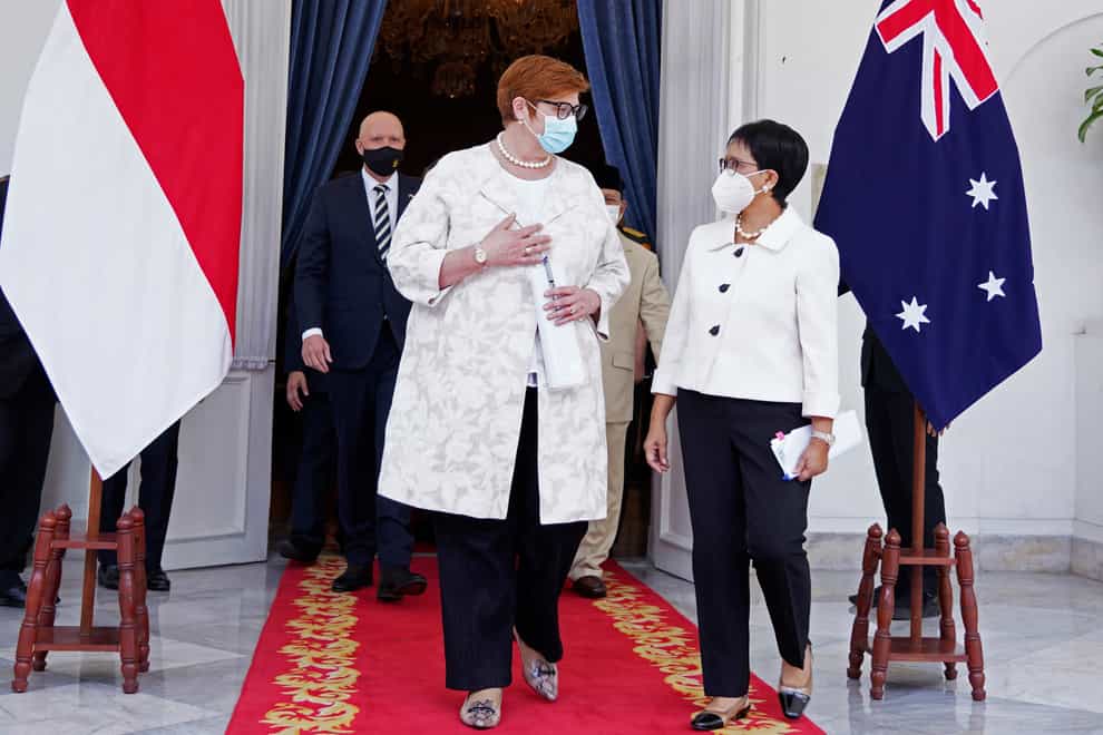 Australian Foreign Minister Marise Payne and her Indonesian counterpart Retno Marsudi after their meeting in Jakarta (Indonesian Ministry of Foreign Affairs via AP)