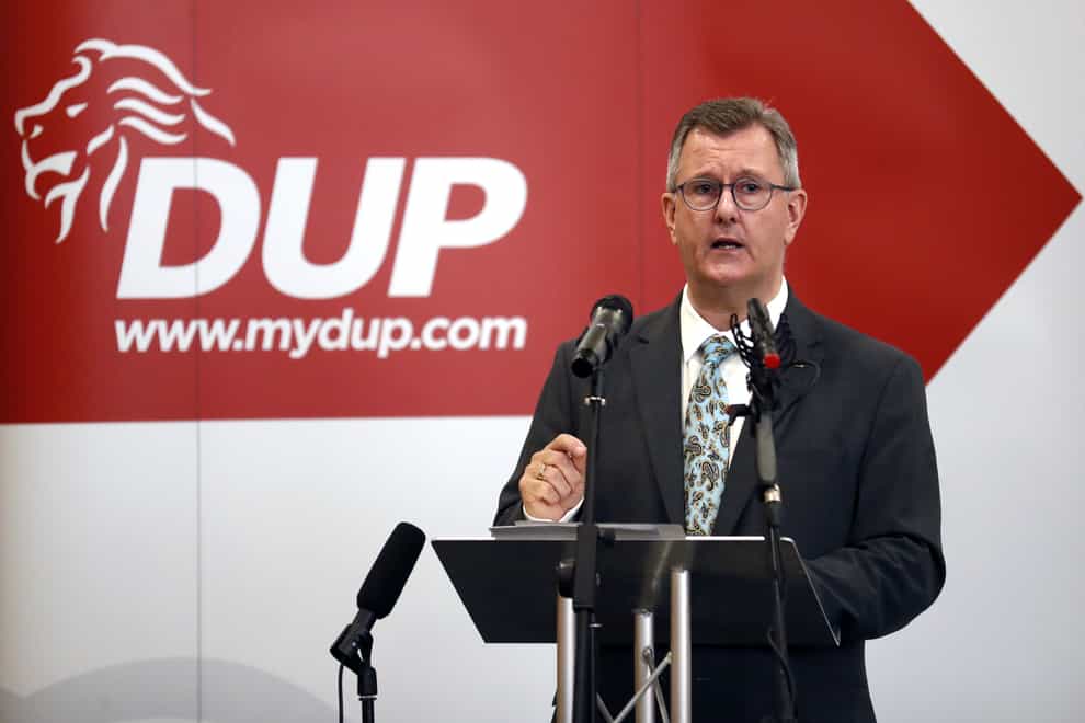 Democratic Unionist Party leader Jeffrey Donaldson makes a key note speech on the Northern Ireland Protocol to senior party members at the La Mon hotel in east Belfast. Picture date: Thursday September 9, 2021.