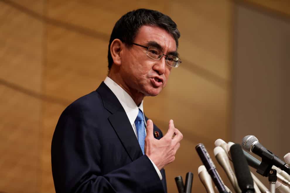 Taro Kono, the Cabinet minister in charge of vaccinations, formally announces he’s running for the leader of the Liberal Democratic Party (AP Photo/Hiro Komae)