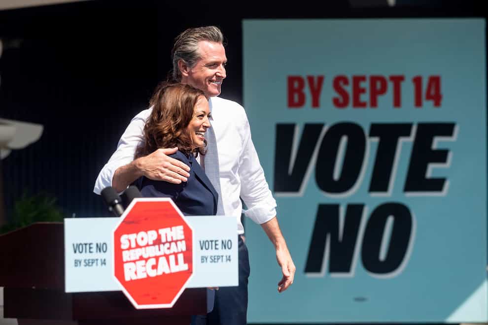 Vice President Kamala Harris joins California governor Gavin Newsom rallying against the California gubernatorial recall election (Noah Berger/AP)