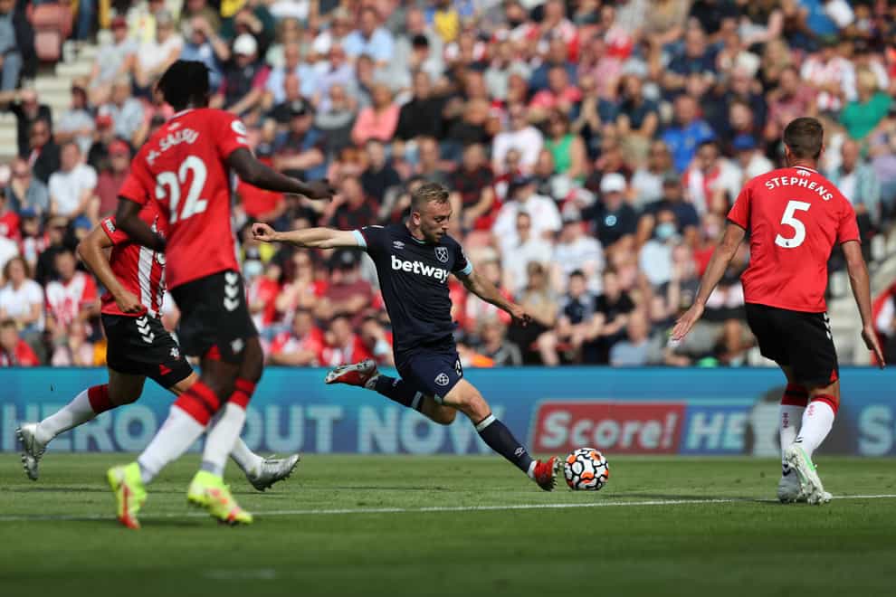 Jarrod Bowen, centre, goes for goal against Southampton (Kieran Cleeves/PA)
