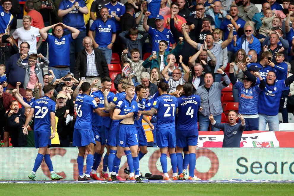 Rubin Colwill and his Cardiff team-mates celebrate his winner at Nottingham Forest (Nigel French/PA)