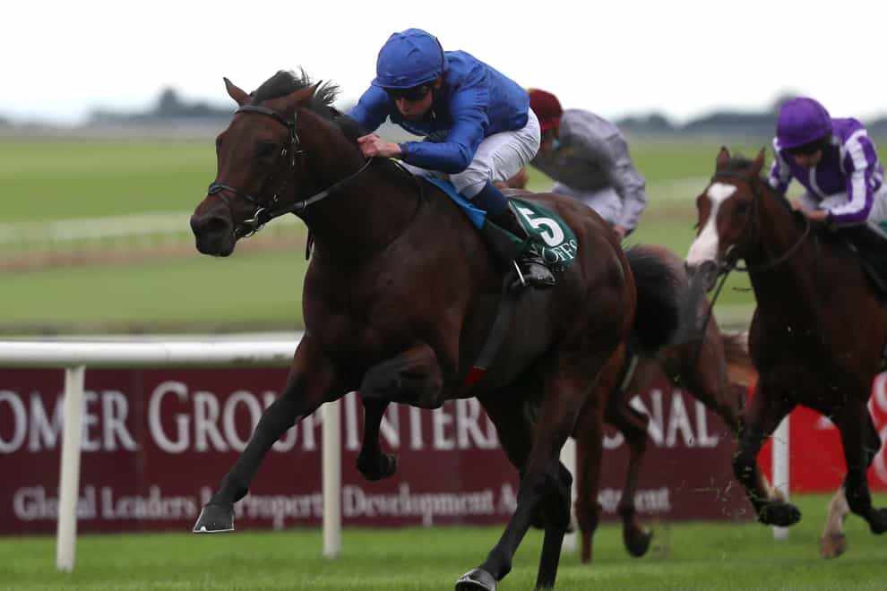William Buick riding Native Trail (left) on their way to winning the Goffs Vincent O’Brien National Stakes (Brian Lawless/PA)