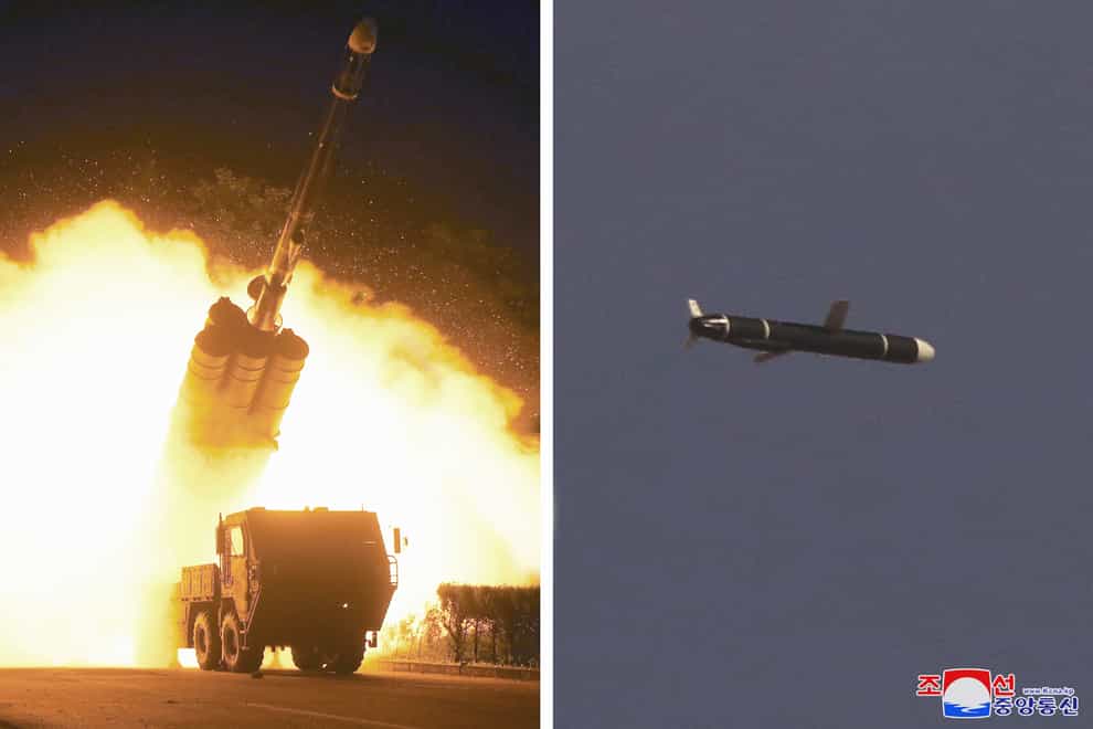 This combination of photos provided by the North Korean government on Monday, September 13, shows long-range cruise missiles tests held on the weekend in an undisclosed location of North Korea (Korean Central News Agency/Korea News Service/AP)