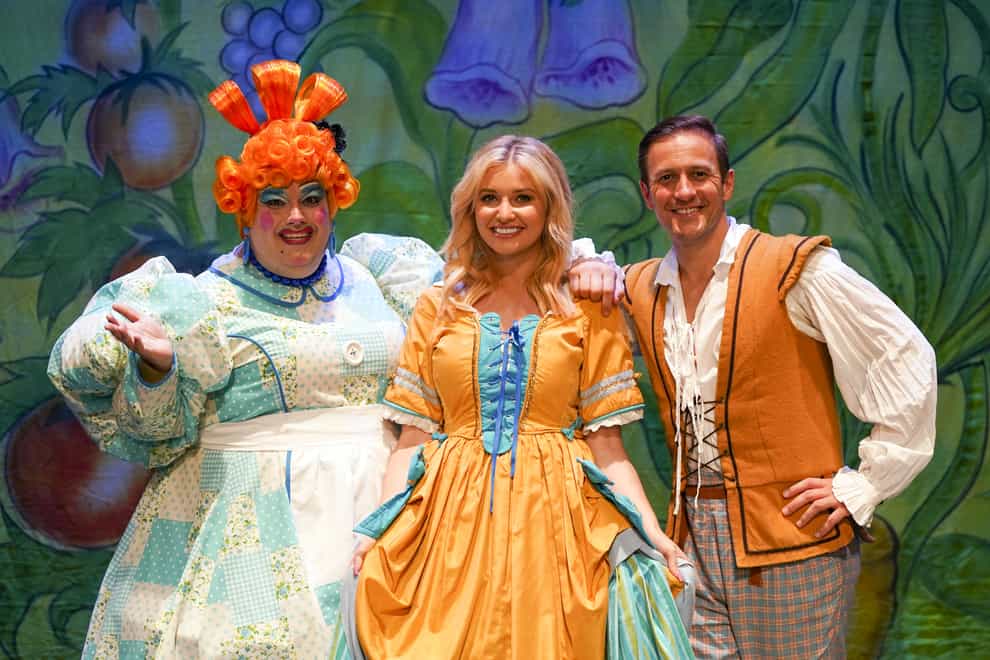 (L to R) Jack Edwards as Dame Trott, Amy Hart as Princess Jill, and Sean Smith as Jack in Jack And The Beanstalk at the Kings Theatre in Southsea (Steve Parsons/PA)