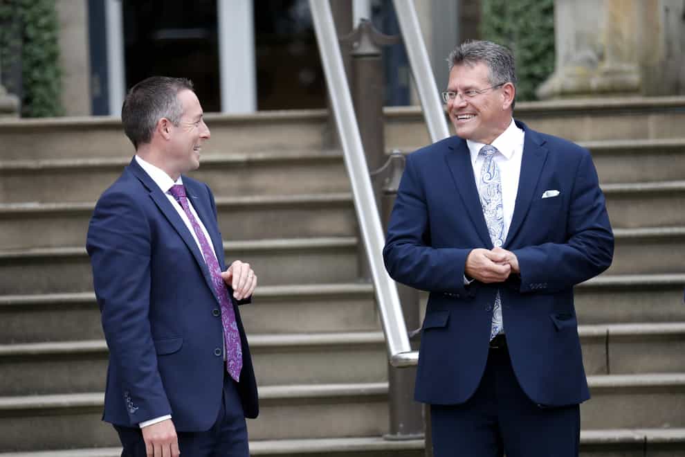 European Commission Vice President Maros Sefcovic (right) met with Northern Ireland First Minister Paul Givan at the Executive Office of Northern Ireland during a visit to Stormont last week (Peter Morrison/PA)