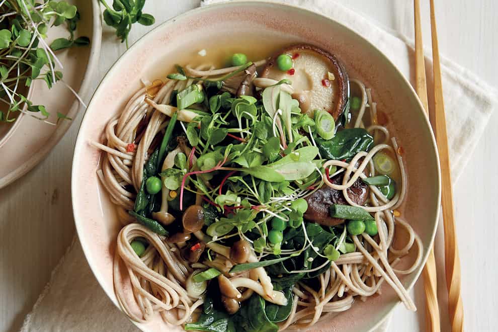 Miso noodle soup with mushrooms, peas and greens (Paul Brissman/PA)