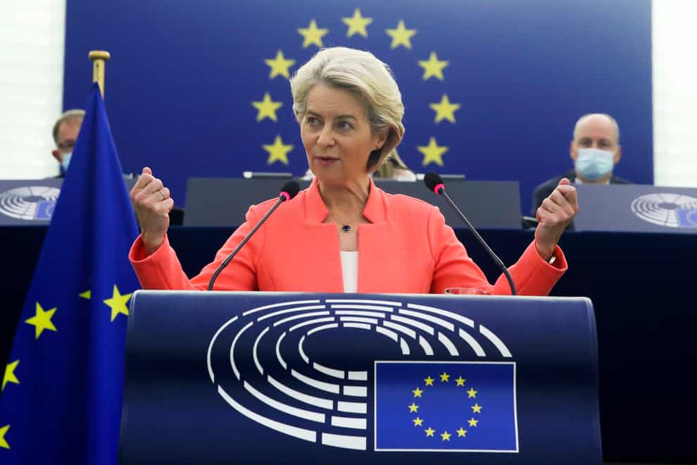 Ursula von der Leyen speaking at the European Parliament (Yves Herman, Pool via AP)
