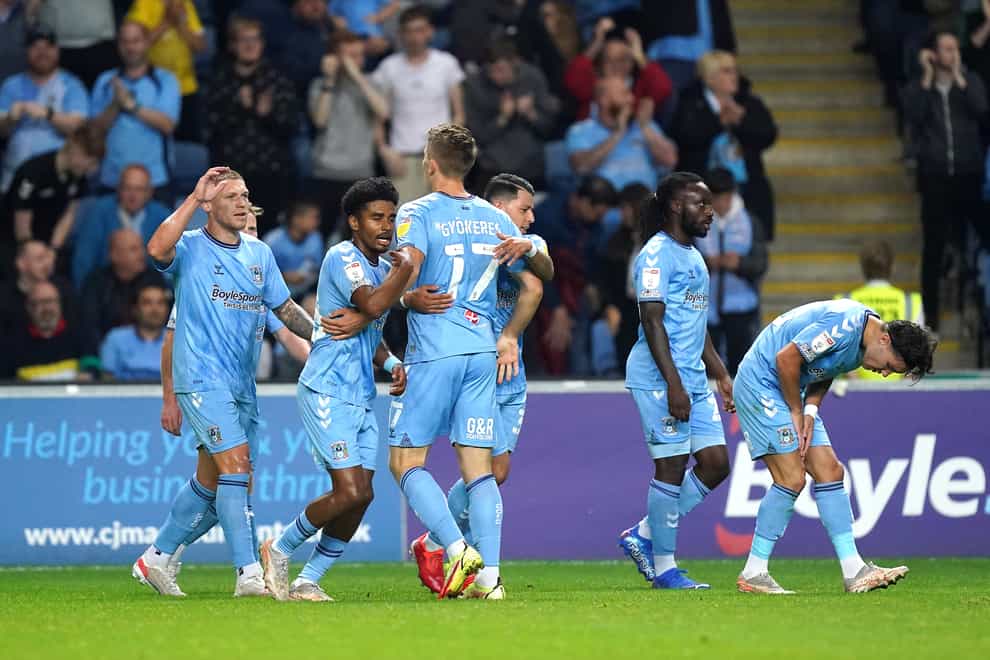 Coventry’s Viktor Gyokeres, centre, celebrates scoring against Cardiff (Mike Egerton/PA)