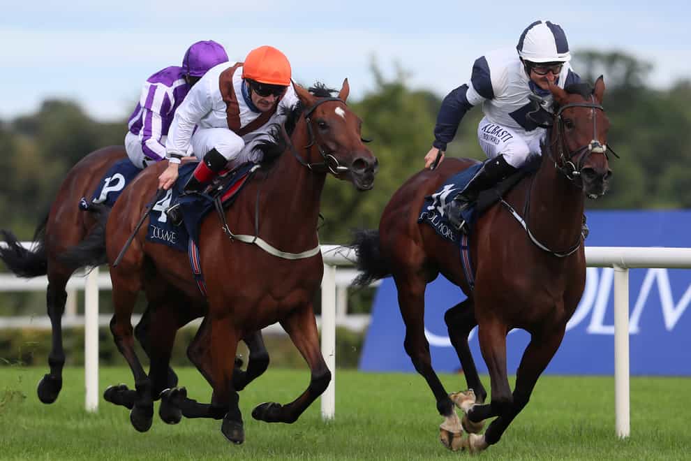 Pearls Galore (orange cap) was narrowly beaten in the Matron Stakes (Brian Lawless/PA)