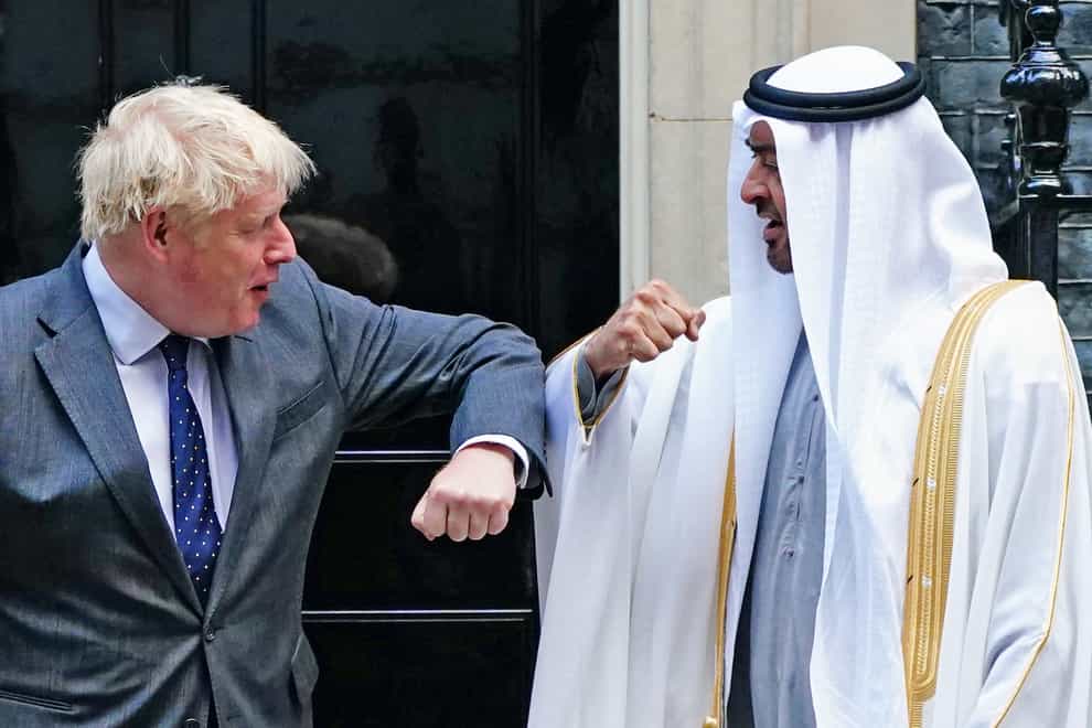 Prime Minister Boris Johnson welcomes Sheikh Mohammed bin Zayed Al Nahyan, Crown Prince of the Emirate of Abu Dhabi, to 10 Downing Street (PA)