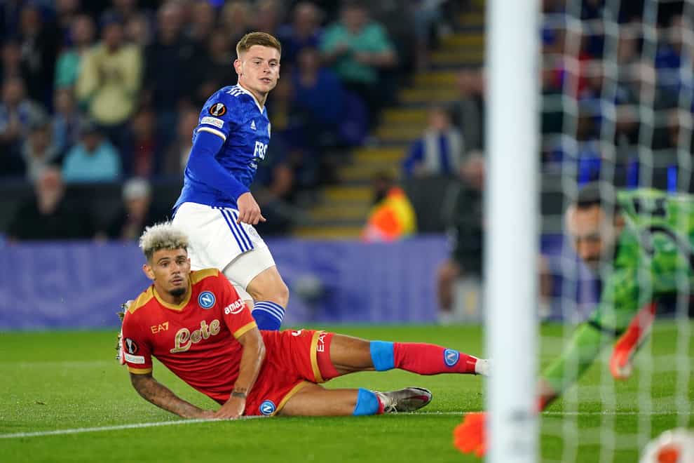 Harvey Barnes scored Leicester’s second goal against Napoli. (Mike Egerton/PA)
