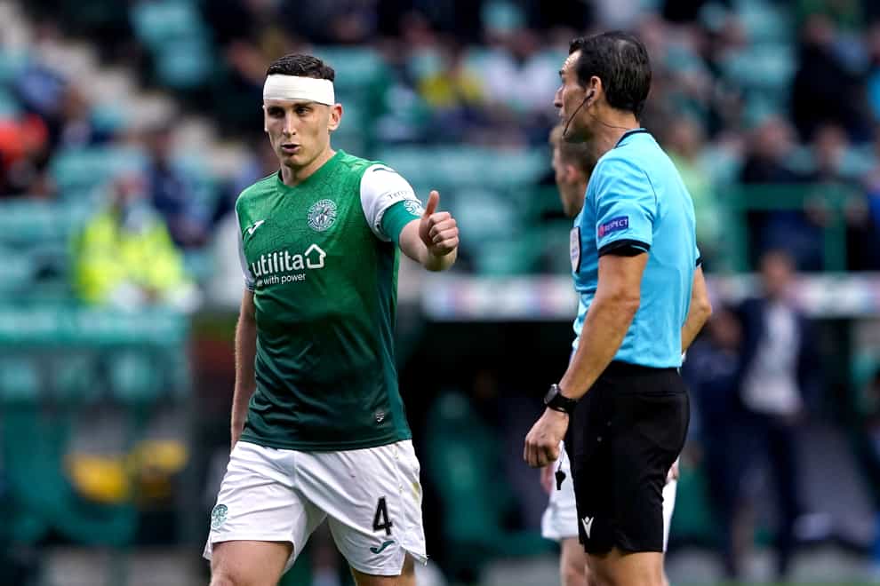 Paul Hanlon wears a bandage on his head following a knock against Rijeka (Andrew Milligan/PA)
