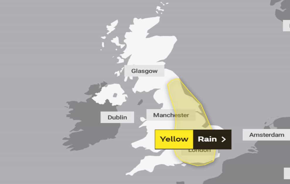 A yellow weather warning has been put in place for England for Sunday (Met Office/PA)