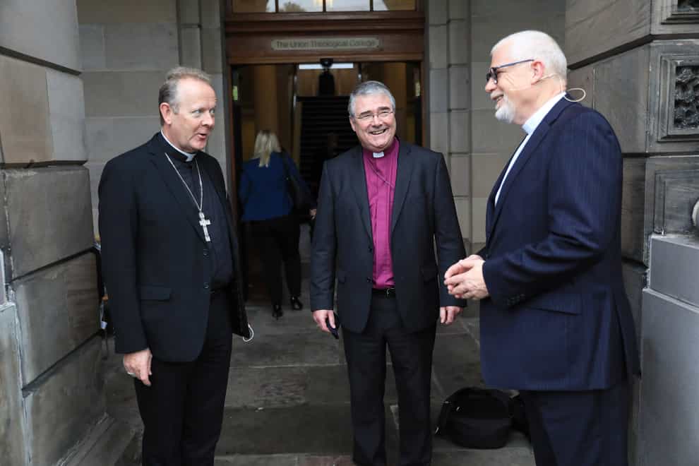 Archbishop Eamon Martin, left, Primate of All Ireland; Church of Ireland Archbishop of Armagh John McDowell, centre, and Rev David Bruce, Moderator of the Presbyterian Church (Peter Morrison/PA)