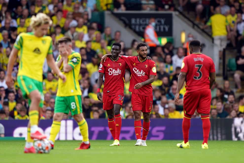 Watford’s Ismaila Sarr celebrates scoring his side’s third goal against Norwich (Joe Giddens/PA)