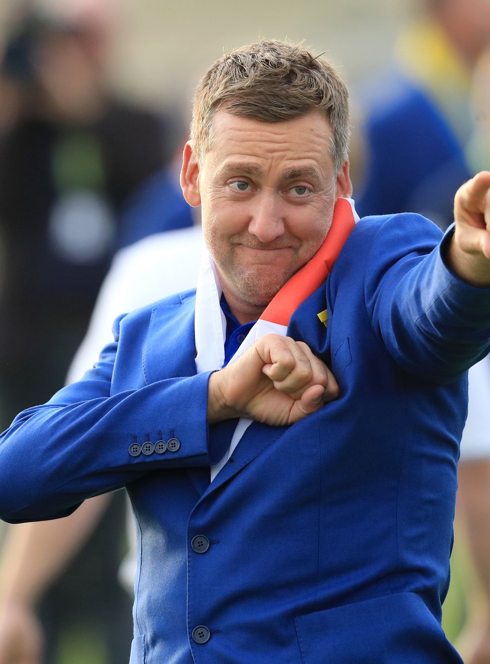 Ian Poulter celebrates after Europe’s Ryder Cup win at Le Golf National (Gareth Fuller/PA)