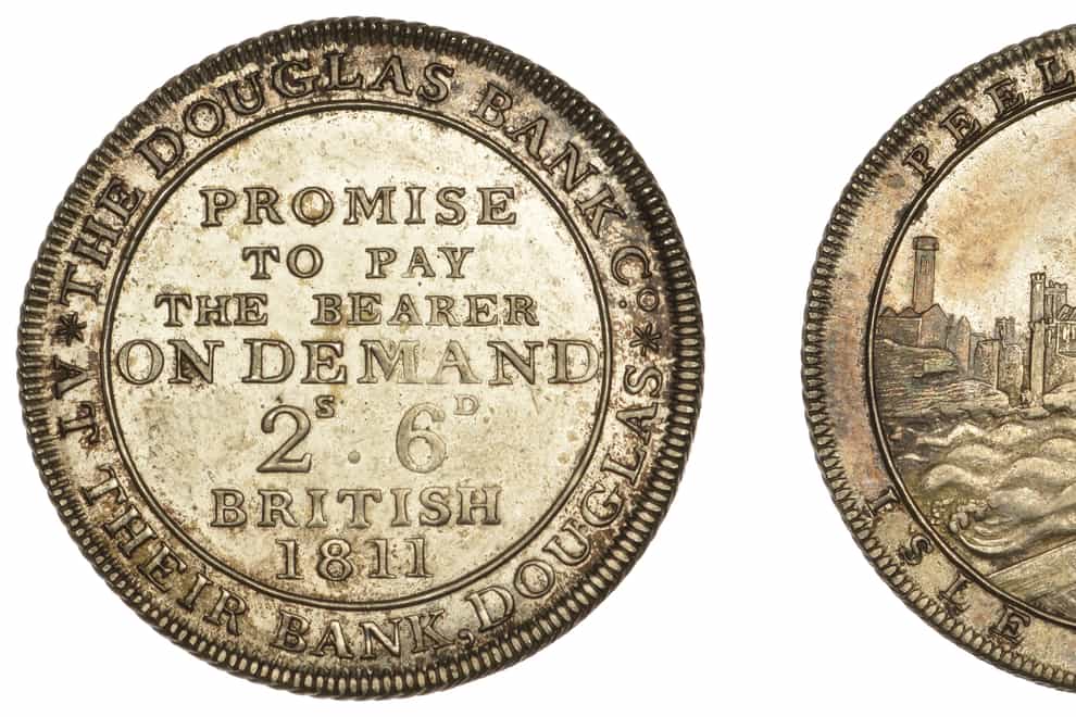 A rare halfcrown for the Douglas Bank Co, Isle of Man, dating from 1811, is part of the sale (Dix Noonan Webb/PA)