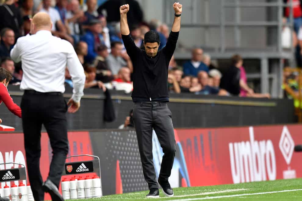 Arsenal boss Mikel Arteta celebrates at Turf Moor after his side’s second successive Premier League win (Anthony Devlin/PA)