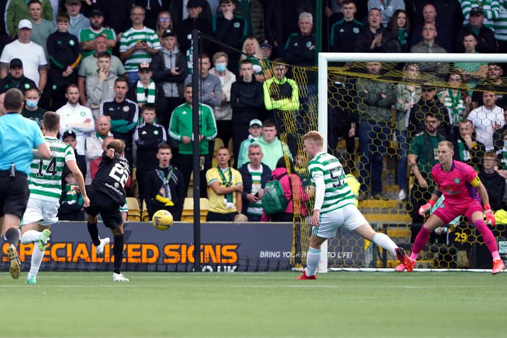 Livingston’s Andrew Shinnie nets the winner against Celtic (Andrew Milligan/PA))