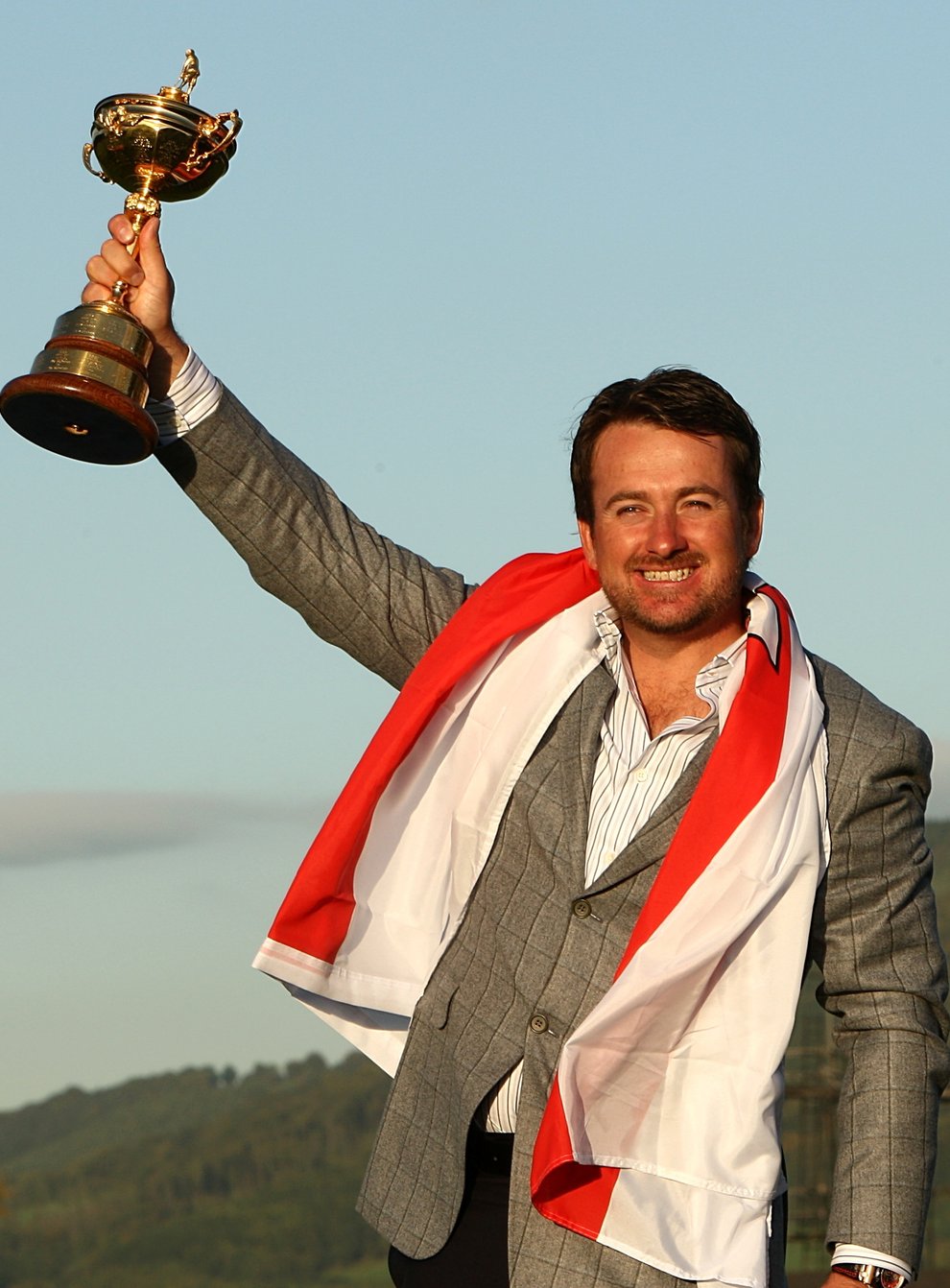 Graeme McDowell celebrates with the Ryder Cup trophy after Europe’s win at Celtic Manor in 2010 (Lynne Cameron/PA)